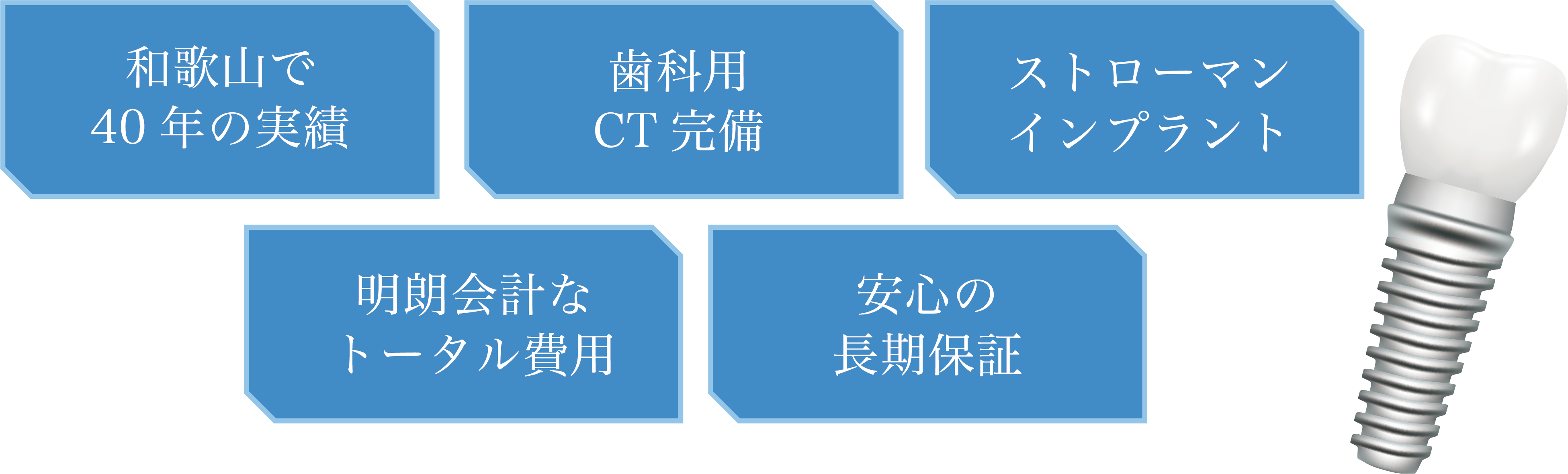 和歌山で40年の実績,歯科用CT完備,ストローマンインプラント,明朗会計なトータル費用,安心の長期保証